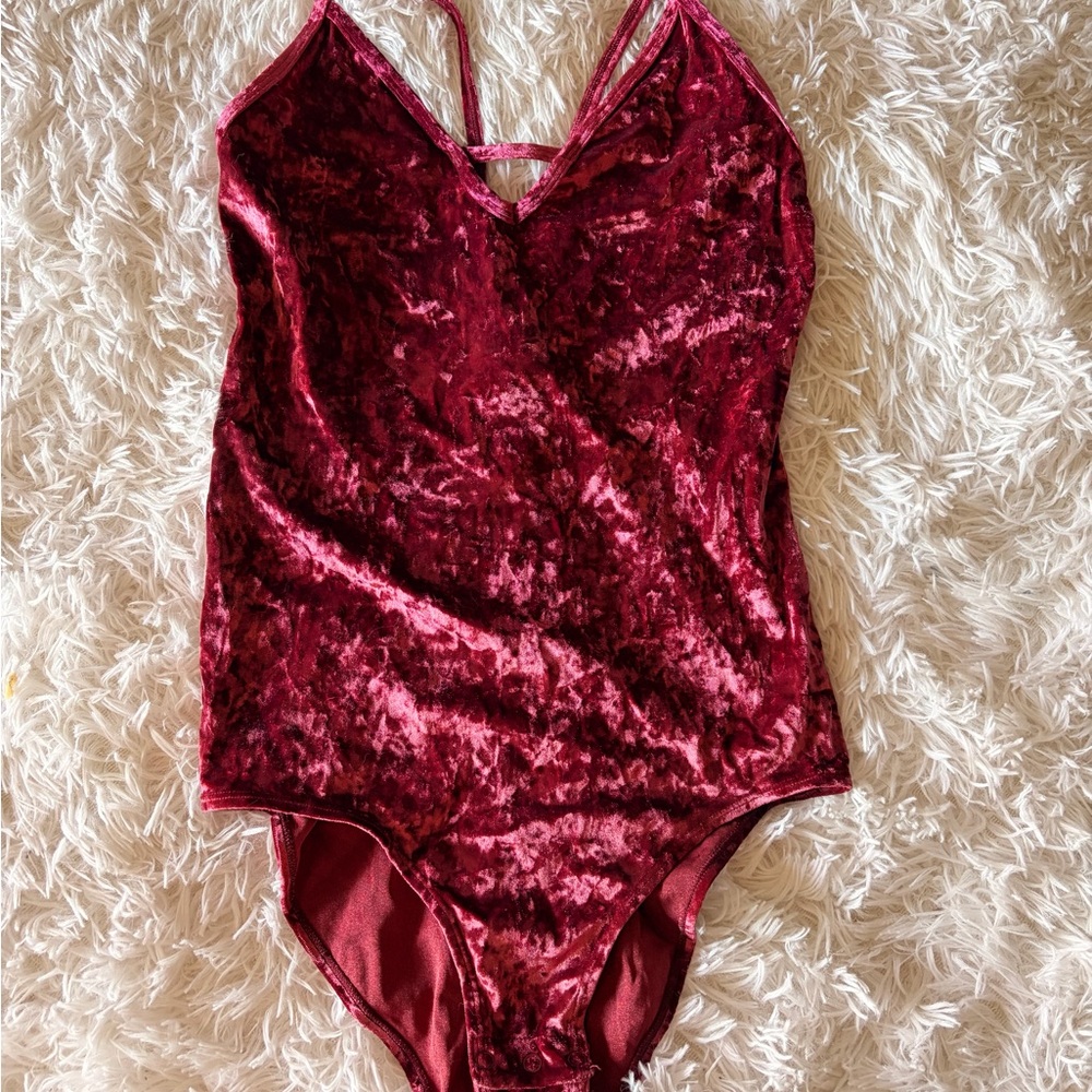 flirtitude Crushed Velvet Wine Red V-Neck Bodysuit